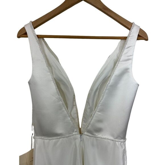 NEW Lan Ting Ivory Bridal Embellished Deep V Satin Wide Leg Jumpsuit, Small - Picture 6 of 15